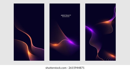 Set of futuristic abstract background with glowing wave lines. Vertical background banner.