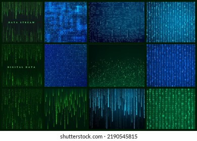 Set of futuristic abstract background. Matrix style sci fi backdrop. Rendom generated binary data stream. Vector illustration