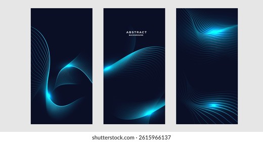 Set of futuristic abstract backgrounds with glowing wave lines.
