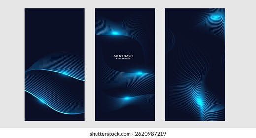 Set of futuristic abstract backgrounds with glowing blue wave lines.