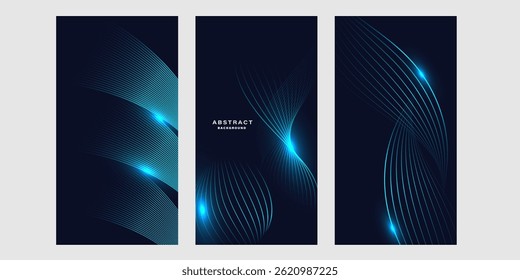Set of futuristic abstract backgrounds with glowing blue wave lines.