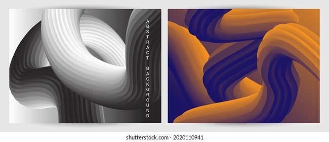 Set of futuristic abstract bright volumetric backgrounds. Body waves, cords. Creative modern background. Cover design, wallpaper, background. Vector EPS.