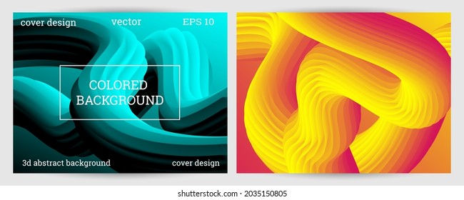 Set of futuristic abstract bright volumetric backgrounds. Body waves, cords. Creative modern background. Cover design, wallpaper, background. Vector EPS.