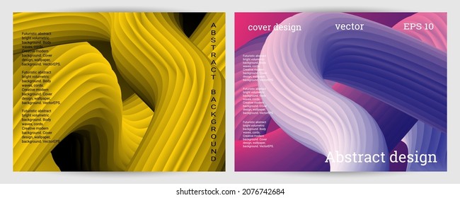 Set of futuristic abstract bright volumetric backgrounds. Body waves, cords. Creative modern background. Cover design, wallpaper, background. Vector EPS.