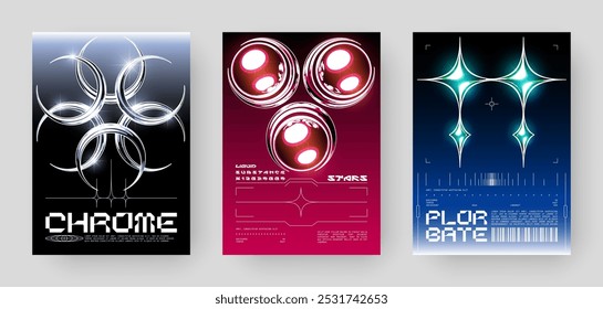 Set of Futuristic Abstract Cyberpunk Poster Design. Y2K Neon-lit geometric shapes, Silver Chrome, 2000s, shiny metallic surface, high-tech, sci-fi aesthetic.	