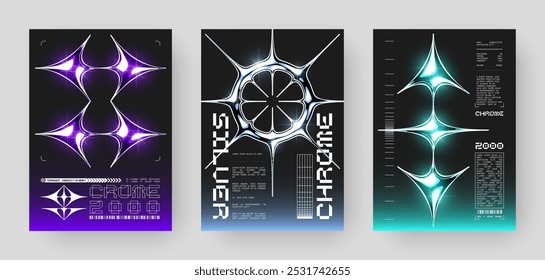 Conjunto de diseño de póster Cyberpunk Abstractas futurista. Formas geométricas Y2K Neon-lit, cromo plateado, años 2000, superficie metálica brillante, alta tecnología, estética de ciencia ficción.	