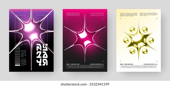 Conjunto de design de pôster Cyberpunk abstrato futurista. Y2K Neon-lit formas geométricas, Prata Cromo, 2000s, superfície metálica brilhante, alta tecnologia, estética ficção científica.	