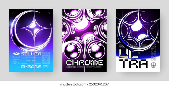 Set of Futuristic Abstract Cyberpunk Poster Design. Y2K Neon-lit geometric shapes, Silver Chrome, 2000s, shiny metallic surface, high-tech, sci-fi aesthetic.	