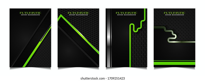 Set of futuristic abstract geometric cover design background with black, green, and silver metallic technology style. Vector layout template for business brochure, sport poster, automotive promotion