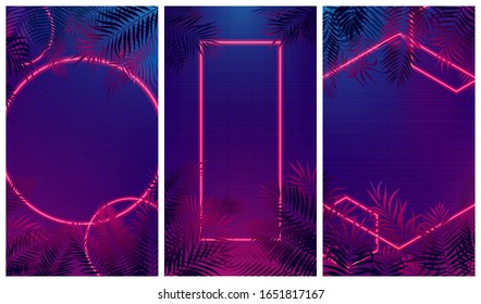 Set of futuristic abstract modern compositions with neon red rays of light, cyberpunk style reflex glow on tropical leaves, vector illustration