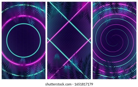 Set of futuristic abstract modern compositions with pink and turquoise neon rays, Hi-end multi colored led cyberpunk style on the background of tiles and tropical plants