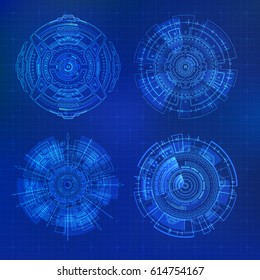 Set of Futuristic Abstract Modern HUD User Interface Circle Elements Isolated on Dark Mesh Background. Hi Tech Motion Design Engineering, Science and Technology Concept 