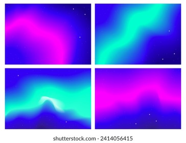 a set of futuristic abstract posters. Neon background, blur, northern lights. Bright, acidic cosmic colors. Vector illustration