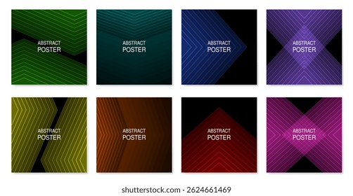 Set of futuristic abstract square posters. Black backgrounds with teal, green, blue, red, pink and purple outline geometric pattern. Vibrant colors, fading gradient. Squares, rhombuses and triangles