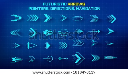 Set of futuristic arrows. Futuristic interface hud design elements. Arrows, pointers, direction. Set of holographic arrows, pointers, direction for infographics or game. Vector illustration