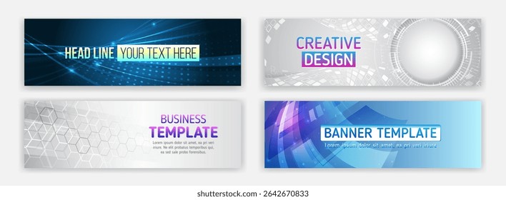 A set of futuristic banners with abstract backgrounds, lines, dots, hexagons and digital elements. Ideal for web design, presentations, advertising, business themes and technology projects.