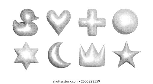 Set of futuristic bitmap pixel icons with halftone dithering effect. Abstract black and white digital shapes, including duck, heart, cross, star, moon, and crown. Perfect for retro cyberpunk design.