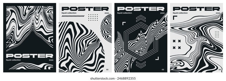 Set of futuristic black and white posters. Abstract covers with liquid curved lines, geometric shapes, distortions and copy space. Modern flyer. Cartoon flat vector collection isolated on background