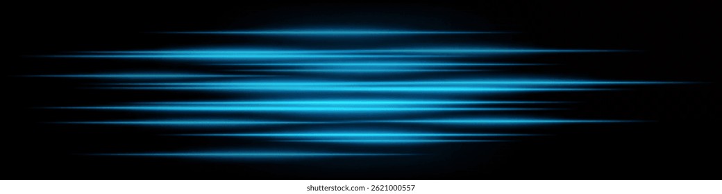 Set of futuristic blue horizontal neon speed lines on dark background. Abstract glowing beams ideal for technology, interface, digital effects. EPS vector illustration.