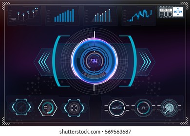 Set of futuristic blue infographics as head-up display. Display navigation elements for the web and app. Futuristic user interface. Virtual graphic. Vector.