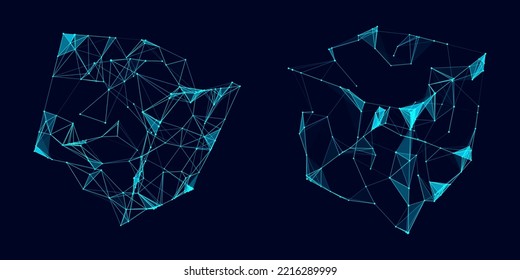 Set of futuristic blue wireframe cubes. Technology blockchain concept. Collection of digital geometric shapes. Vector Illustration.
