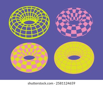 Set of Futuristic Bright bagels. Wireframe elements. 3d basic geometric form. Y2k Naive playful abstract object. Universal trendy design element. Shape torus. Checkered print on ring figure.