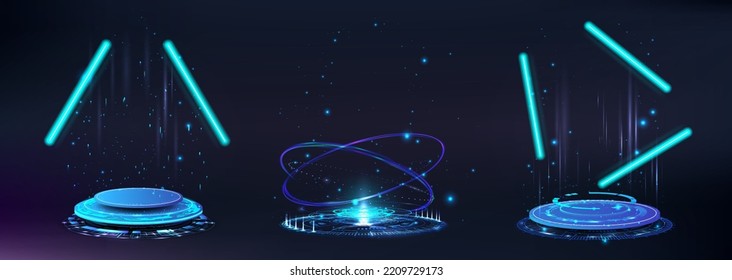 Set a futuristic circle portals, holograms, podium lab, stage, magic teleport with neon and fantastic effect. Cyberpunk 3D podium for presentation product. Futuristic tech, 3D HUD portals. Vector set