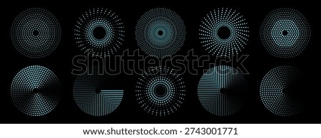 Set of futuristic circular elements composed of glowing light blue spirals, concentric lines, and halftone dots