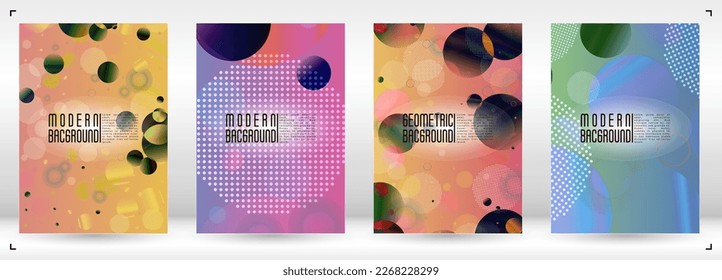 Set of Futuristic Cover with Gradient Mesh Holographic Circles. Hipster Graphic Template Design with Lines, Dots, Round Shapes. Memphis Print for your Business Layout.