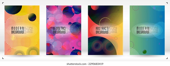 Set of Futuristic Cover with Gradient Mesh Holographic Circles. Hipster Graphic Template Design with Lines, Dots, Round Shapes. Memphis Print for your Business Layout.