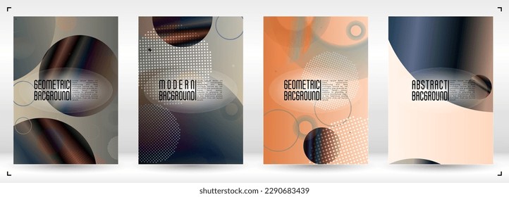 Set of Futuristic Cover with Gradient Mesh Holographic Circles. Bright Geometric Page Design with Lines, Dots, Round Shapes. Memphis Print for your Business Layout.