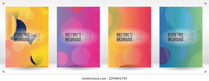 Set of Futuristic Cover with Gradient Mesh Holographic Circles. Bright Geometric Page Design with Lines, Dots, Round Shapes. Memphis Print for your Business Layout.