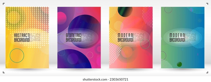 Set of Futuristic Cover with Gradient Mesh Holographic Circles. Hipster Graphic Template Design with Lines, Dots, Round Shapes. Identity Style for your Business Flyer.