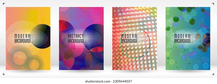 Set of Futuristic Cover with Gradient Mesh Holographic Circles. Hipster Graphic Template Design with Lines, Dots, Round Shapes. Simple Style for your Business Poster.