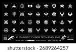 Set of futuristic cyber tech emblems designed in brutalist minimal style with geometric sci-fi shapes, inspired by faction and military insignia