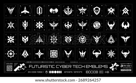 Set of futuristic cyber tech emblems designed in brutalist minimal style with geometric sci-fi shapes, inspired by faction and military insignia