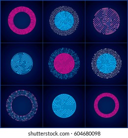 Set of futuristic cybernetic schemes with multidirectional arrows, vector blue motherboards with neon lights. Circular gleam elements with circuit board texture.