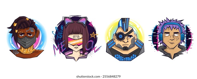 set of futuristic cyberpunk female and male avatars. Cartoon portraits with augmented reality and digital interface on graffiti background with punk symbols, glitch, gears, steampunk mechanics 