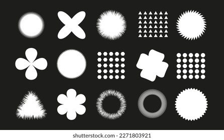 Set of futuristic design elements. Collection of grids, cubes, perspectives, striped shapes, circular elements, polar grids, triangles in cyberpunk 80s style. Vector illustration. Geometry set.
