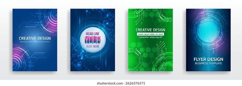 A set of futuristic digital flyer templates featuring abstract circuit elements, glowing circle patterns and hexagonal backgrounds. Ideal for technical presentations, covers and business reports.