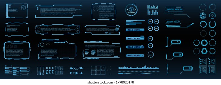 Set of futuristic digital HUD elements for user interface. Callouts, frames, pointers, circles, arrows, headers. Vector elements