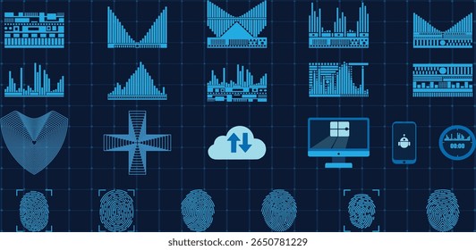Conjunto de ícones digitais futuristas, incluindo digitalizações de impressões digitais, gráficos de barras, upload em nuvem, IA e símbolos de segurança cibernética em um fundo de grade escuro. Perfeito para tecnologia e design digital.