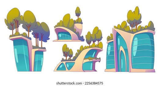 Set of futuristic eco buildings isolated on white background. Vector contemporary illustration of modern glass houses with green trees on roof. Smart sustainable city architecture design elements