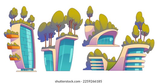 Set of futuristic eco buildings isolated on white background. Vector contemporary cartoon illustration modern glass houses with green trees on roof. Smart sustainable city architecture design elements