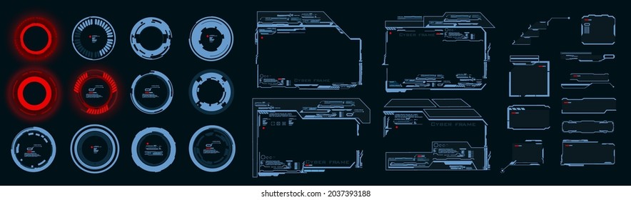 Set futuristic elements for HUD user interface. Holographic neon frames. Concept design of holographic monitor with description and HUD data for personal computer and video games