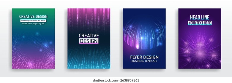 Set of futuristic flyer and brochure templates with binary code, glowing data spheres, and digital effects. Ideal for tech presentations, AI projects, and IT business design.