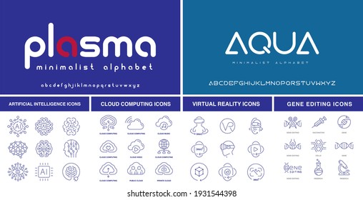 A set of futuristic fonts and icons for such themes as artificial intelligence, virtual reality, cloud computing, and gene editing, these design elements can be used for emblems or many other uses