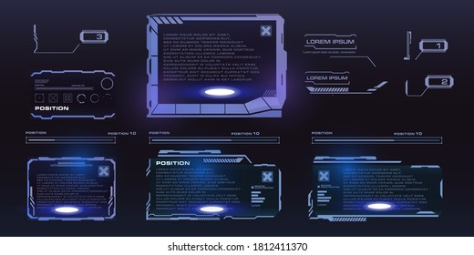 Conjunto de marcos futuristas para la interfaz HUD. Cabeceras, llamadas, bloques de información. Marcos holográficos o ventanas emergentes con información o descripciones para anuncios y juegos