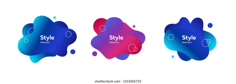 Set of futuristic geometric badges. Dynamical colored forms and lines. Gradient abstract banners with flowing liquid shapes. Trendy design for banners, flyers, presentation slides
