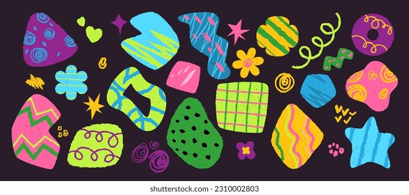 A set of futuristic geometric colored shapes, in the form of a flower, star, spot, abstract bright design elements, creative trendy background. Vector isolated illustration